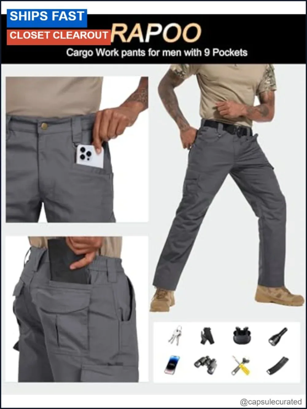 Men's Ripstop Cargo Pants 9 Pockets Tactical Hiking Work Pants